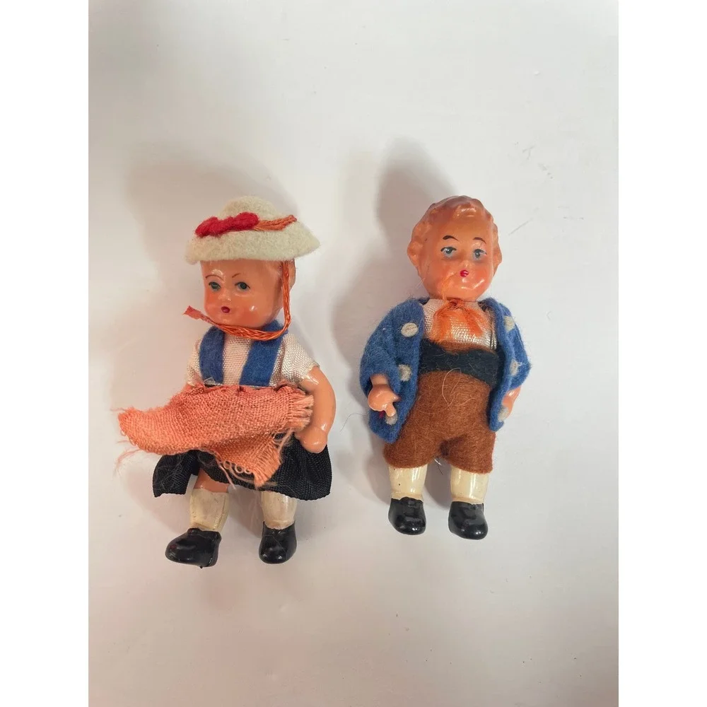 Vintage German Bavarian Miniature Dolls Pair Celluloid Plastic Folk Art‎